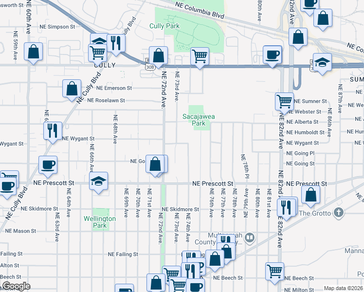 map of restaurants, bars, coffee shops, grocery stores, and more near 7314 Northeast Wygant Street in Portland