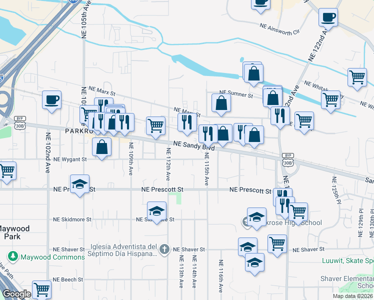 map of restaurants, bars, coffee shops, grocery stores, and more near 11324 Northeast Sandy Boulevard in Portland
