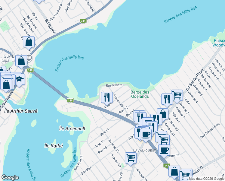 map of restaurants, bars, coffee shops, grocery stores, and more near 445 45e Av in Laval