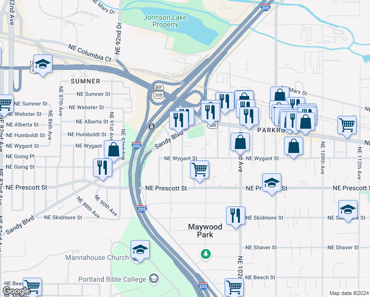 map of restaurants, bars, coffee shops, grocery stores, and more near 4736 Northeast 97th Avenue in Portland