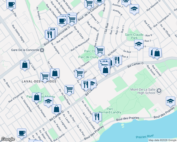 map of restaurants, bars, coffee shops, grocery stores, and more near 345 Rue Nobel in Laval