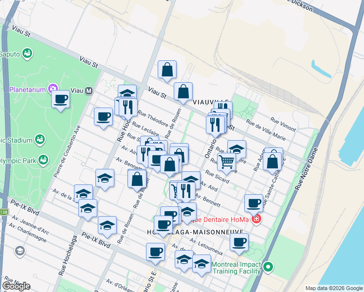 map of restaurants, bars, coffee shops, grocery stores, and more near Rue Leclaire in Montréal