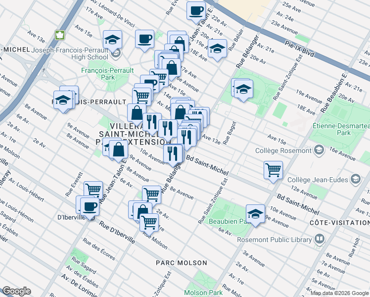 map of restaurants, bars, coffee shops, grocery stores, and more near 3275 Rue Bélanger in Montréal