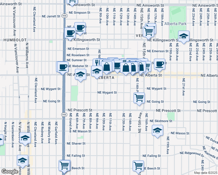 map of restaurants, bars, coffee shops, grocery stores, and more near 4845 Northeast 11th Avenue in Portland