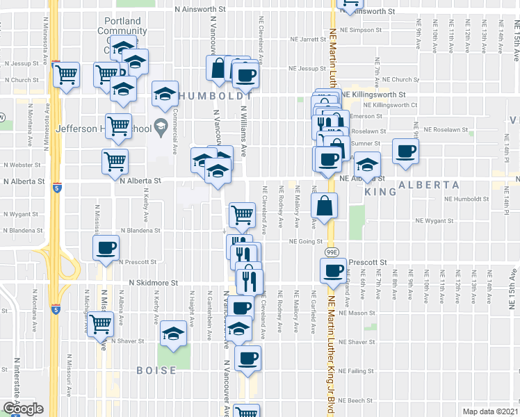 map of restaurants, bars, coffee shops, grocery stores, and more near 4820 Northeast Cleveland Avenue in Portland
