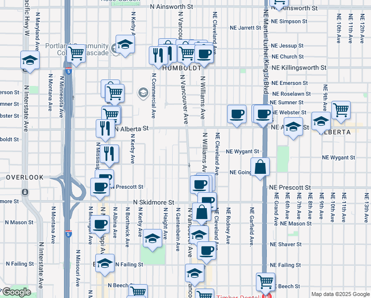 map of restaurants, bars, coffee shops, grocery stores, and more near 220 North Humboldt Street in Portland