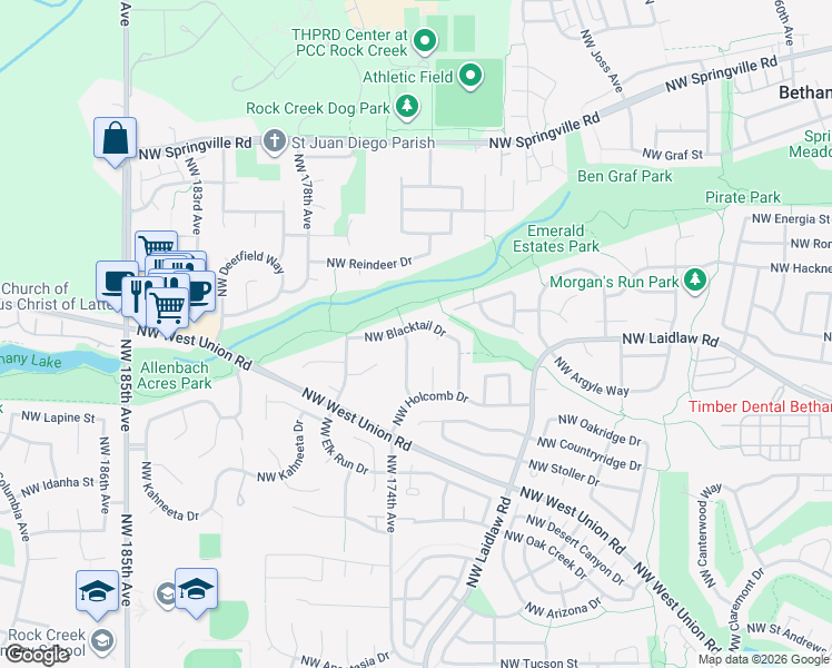 map of restaurants, bars, coffee shops, grocery stores, and more near 17196 Northwest Blacktail Drive in Portland