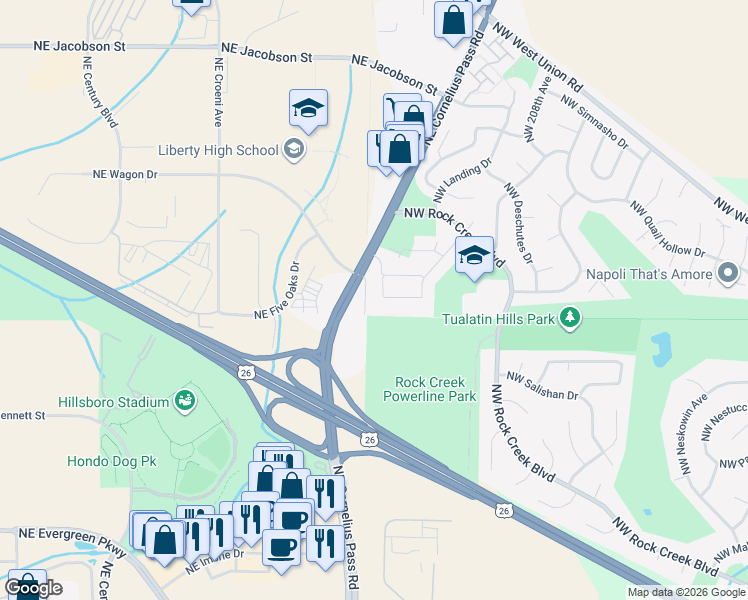 map of restaurants, bars, coffee shops, grocery stores, and more near 5270 Northwest Cornelius Pass Road in Hillsboro