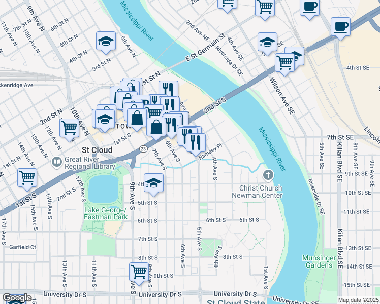 map of restaurants, bars, coffee shops, grocery stores, and more near 302 5th Avenue North in St. Cloud