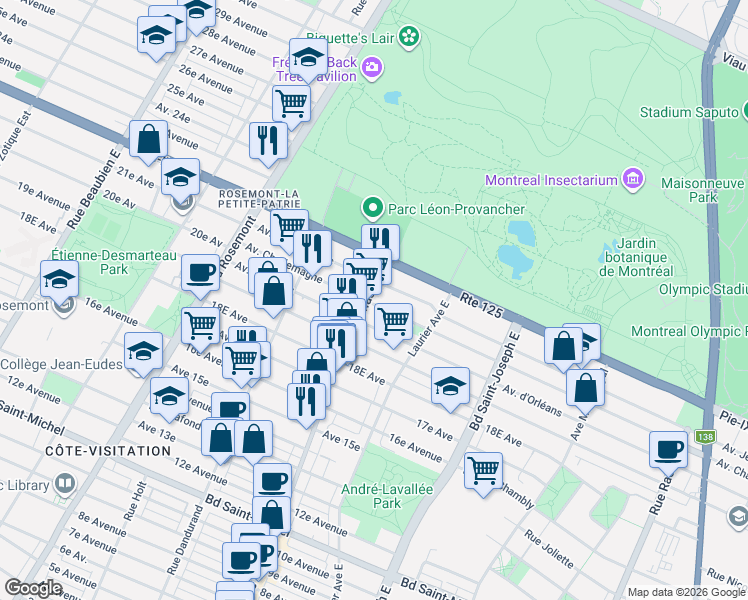 map of restaurants, bars, coffee shops, grocery stores, and more near 3970 Rue Masson in Montréal