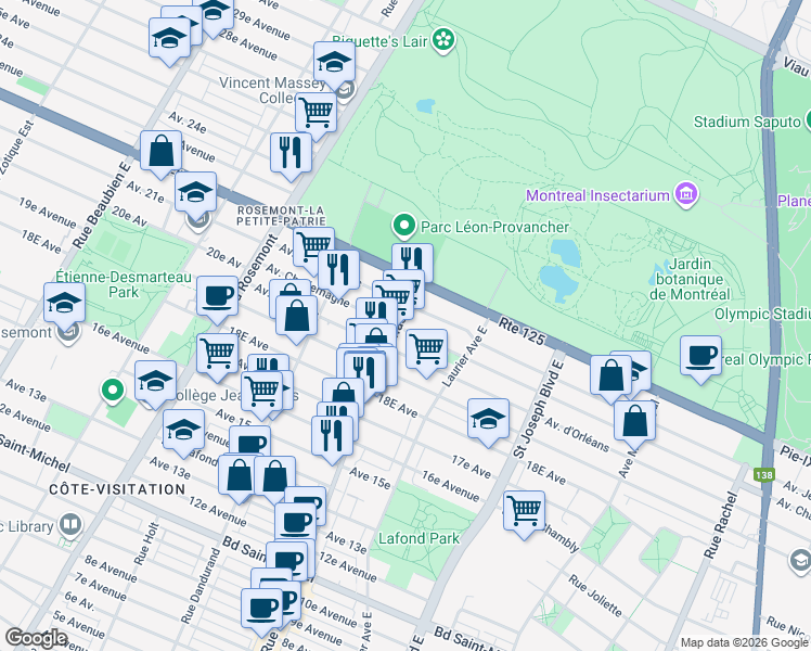 map of restaurants, bars, coffee shops, grocery stores, and more near 3970 Rue Masson in Montréal