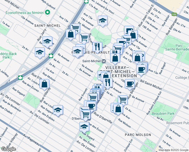 map of restaurants, bars, coffee shops, grocery stores, and more near 8 Avenue in Montréal