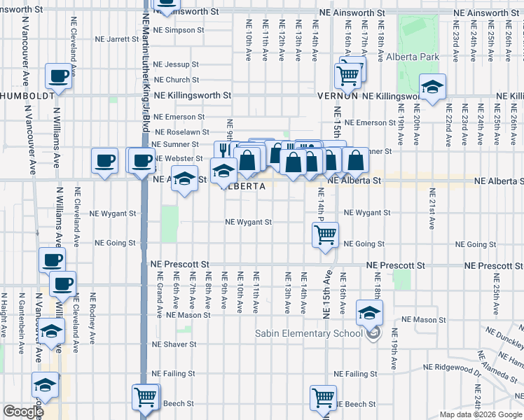map of restaurants, bars, coffee shops, grocery stores, and more near 4830 Northeast 11th Avenue in Portland