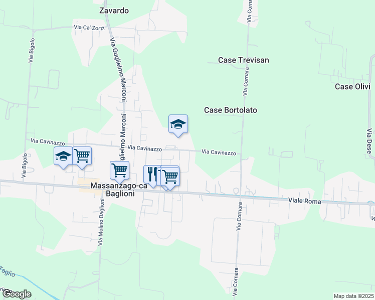 map of restaurants, bars, coffee shops, grocery stores, and more near 37 Via Cavinazzo in Massanzago-ca' Baglioni