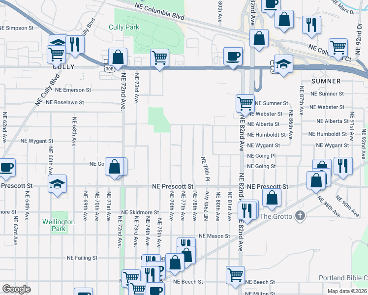 map of restaurants, bars, coffee shops, grocery stores, and more near 4736 Northeast 77th Avenue in Portland