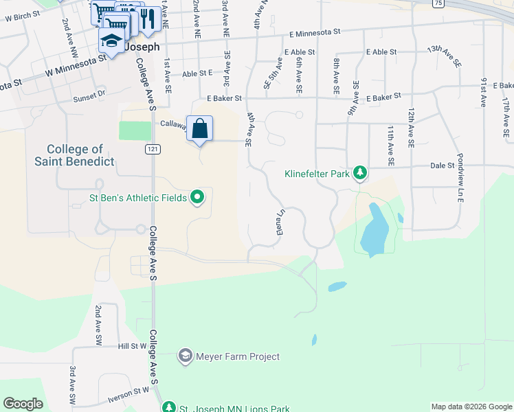 map of restaurants, bars, coffee shops, grocery stores, and more near 401 4th Avenue Southeast in Saint Joseph
