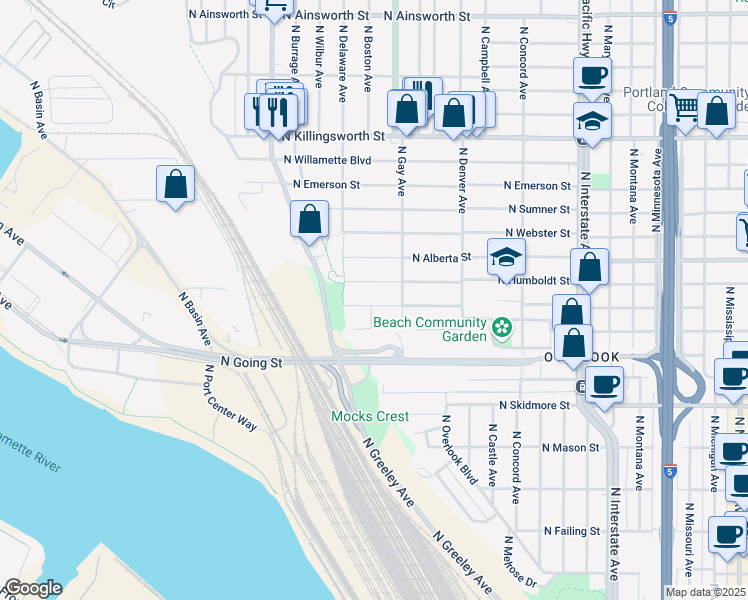 map of restaurants, bars, coffee shops, grocery stores, and more near 2315 North Wygant Street in Portland