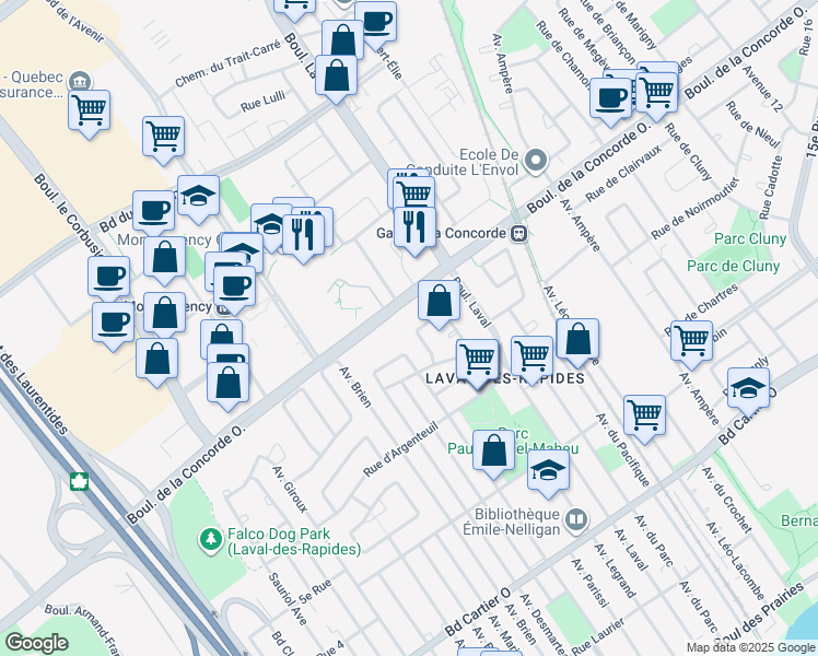 map of restaurants, bars, coffee shops, grocery stores, and more near 36 Place de Carillon in Laval