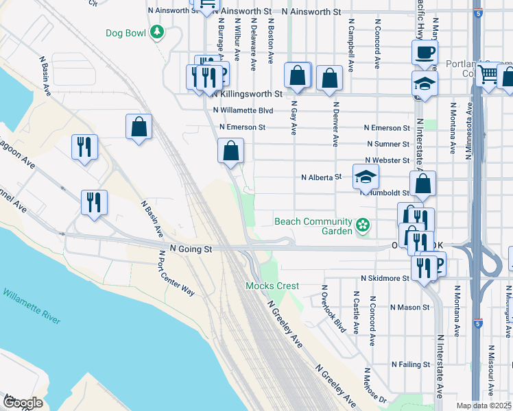 map of restaurants, bars, coffee shops, grocery stores, and more near 2435 North Wygant Street in Portland