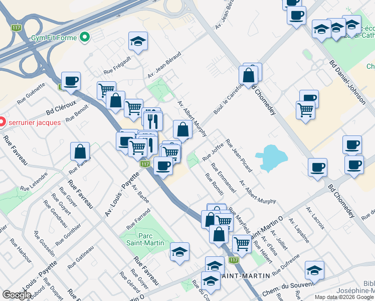 map of restaurants, bars, coffee shops, grocery stores, and more near 2080 Rue Mayfield in Laval