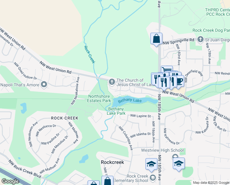 map of restaurants, bars, coffee shops, grocery stores, and more near 19116 Northwest Northshore Court in Portland