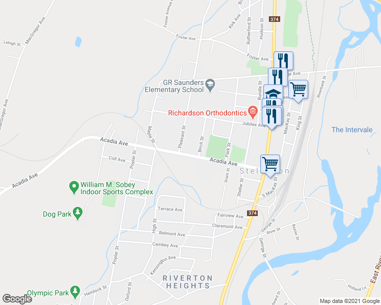 map of restaurants, bars, coffee shops, grocery stores, and more near 34 Acadia Avenue in Stellarton