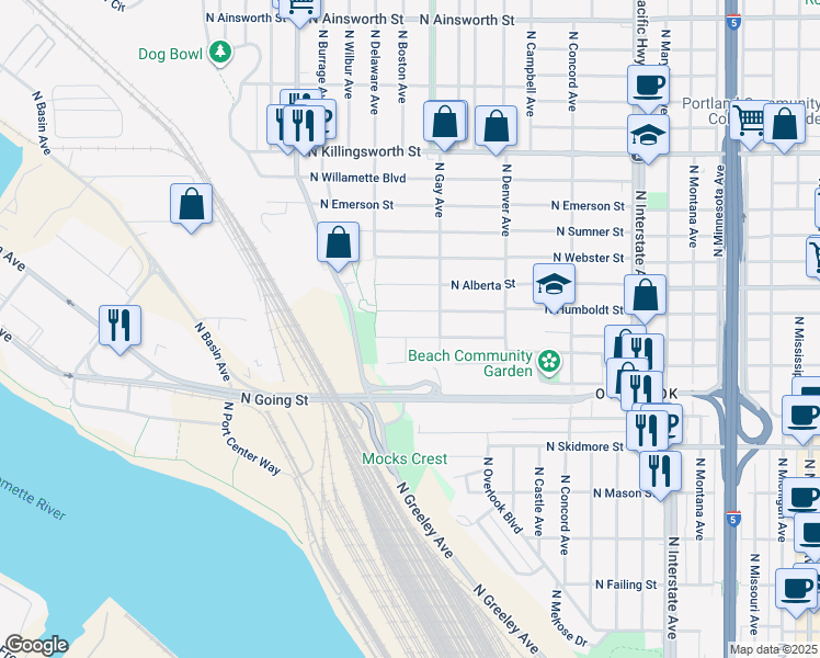 map of restaurants, bars, coffee shops, grocery stores, and more near 2315 North Wygant Street in Portland
