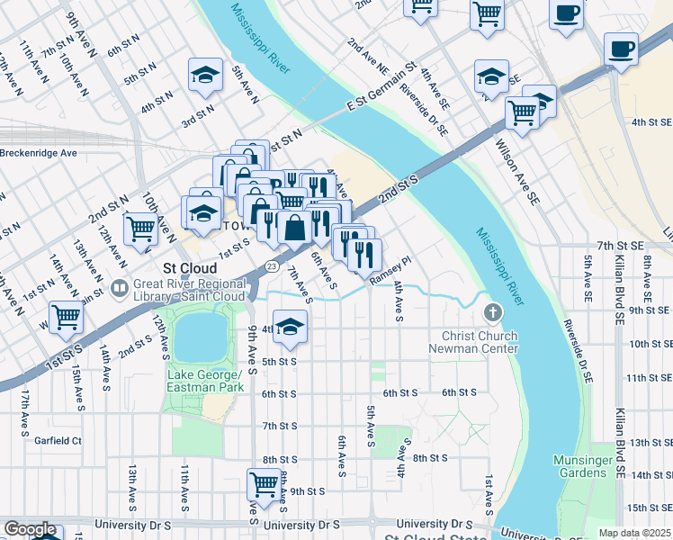 map of restaurants, bars, coffee shops, grocery stores, and more near 500 3rd Street South in St. Cloud