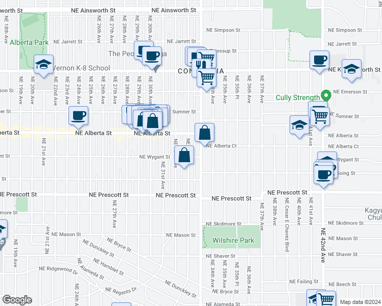 map of restaurants, bars, coffee shops, grocery stores, and more near 4814 Northeast 32nd Place in Portland