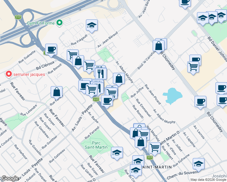 map of restaurants, bars, coffee shops, grocery stores, and more near 3840 Boulevard le Carrefour in Laval