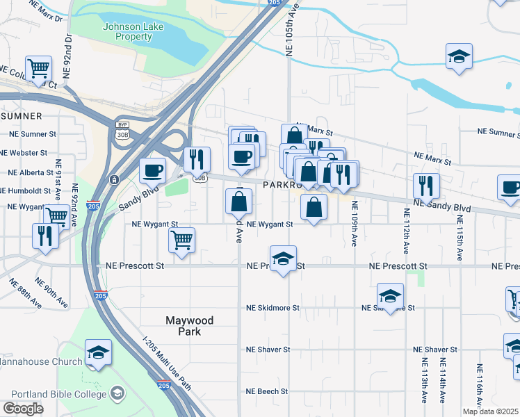 map of restaurants, bars, coffee shops, grocery stores, and more near 4746 Northeast 103rd Avenue in Portland
