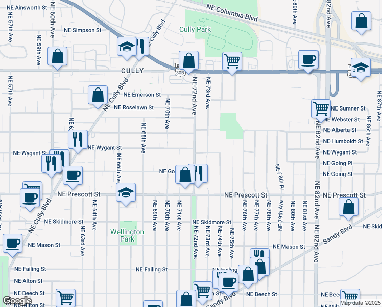 map of restaurants, bars, coffee shops, grocery stores, and more near 4735 Northeast 72nd Avenue in Portland