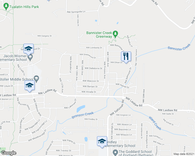 map of restaurants, bars, coffee shops, grocery stores, and more near 5347 Northwest 131st Avenue in Portland
