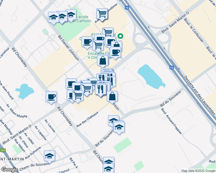 map of restaurants, bars, coffee shops, grocery stores, and more near 1577 Boulevard Daniel Johnson in Laval