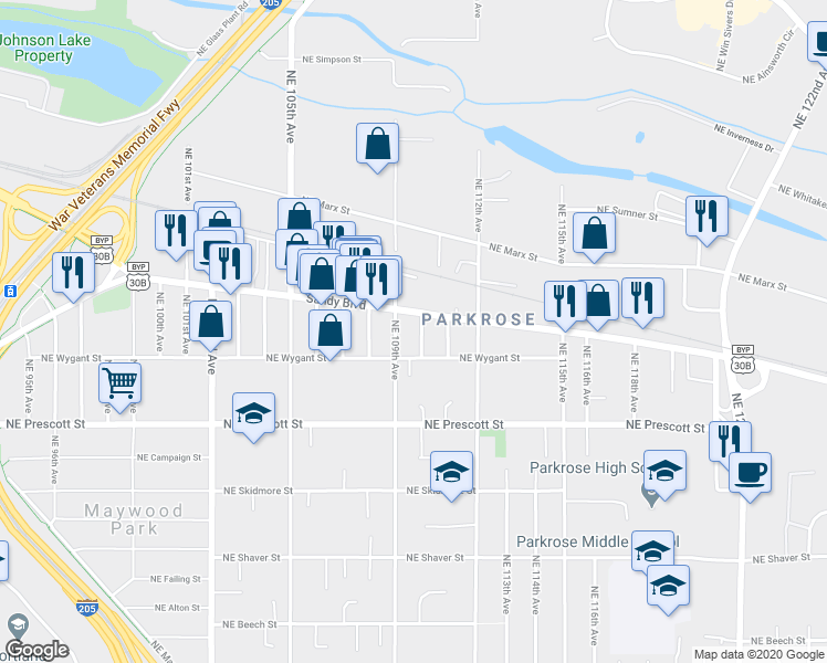 map of restaurants, bars, coffee shops, grocery stores, and more near 4815 Northeast 110th Avenue in Portland
