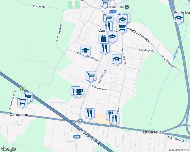 map of restaurants, bars, coffee shops, grocery stores, and more near 59 Via Francesco Franchi in Castegnato