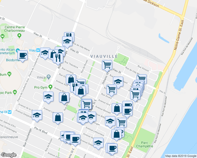 map of restaurants, bars, coffee shops, grocery stores, and more near 2048 Rue Théodore in Montréal