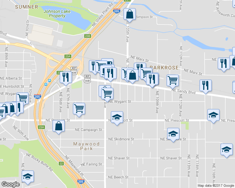 map of restaurants, bars, coffee shops, grocery stores, and more near 4745 Northeast 104th Avenue in Portland