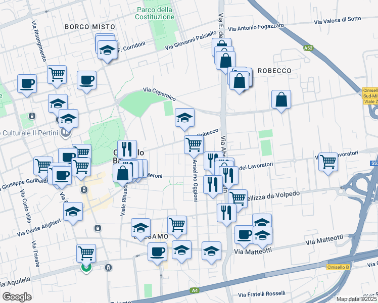 map of restaurants, bars, coffee shops, grocery stores, and more near 11 Via Anselmo Oggioni in Cinisello Balsamo