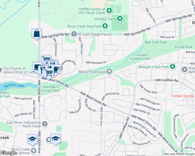 map of restaurants, bars, coffee shops, grocery stores, and more near 17423 Northwest Blacktail Drive in Portland