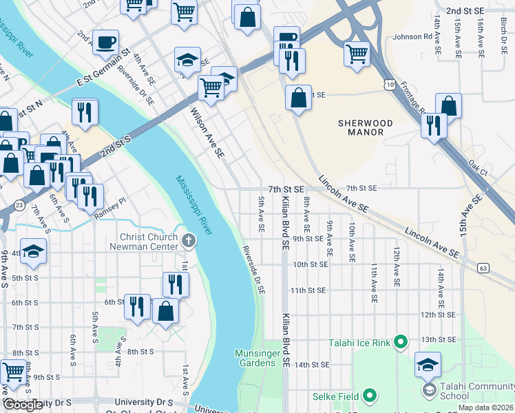 map of restaurants, bars, coffee shops, grocery stores, and more near 721 5th Avenue Southeast in St. Cloud
