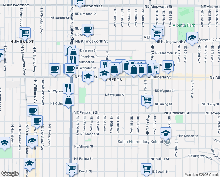 map of restaurants, bars, coffee shops, grocery stores, and more near 4845 Northeast 10th Avenue in Portland