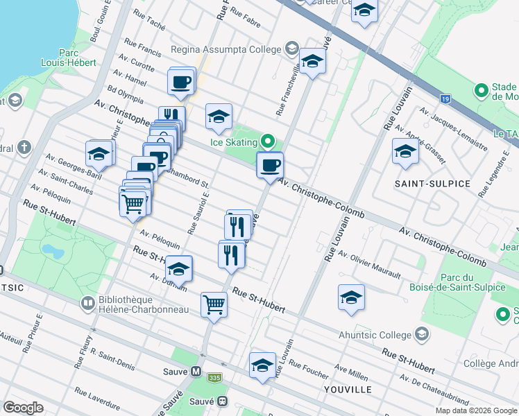 map of restaurants, bars, coffee shops, grocery stores, and more near 1310 Rue Sauvé Est in Montréal