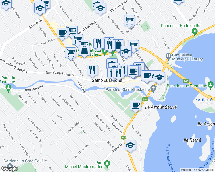 map of restaurants, bars, coffee shops, grocery stores, and more near 232 Rue Saint-Eustache in Saint-Eustache