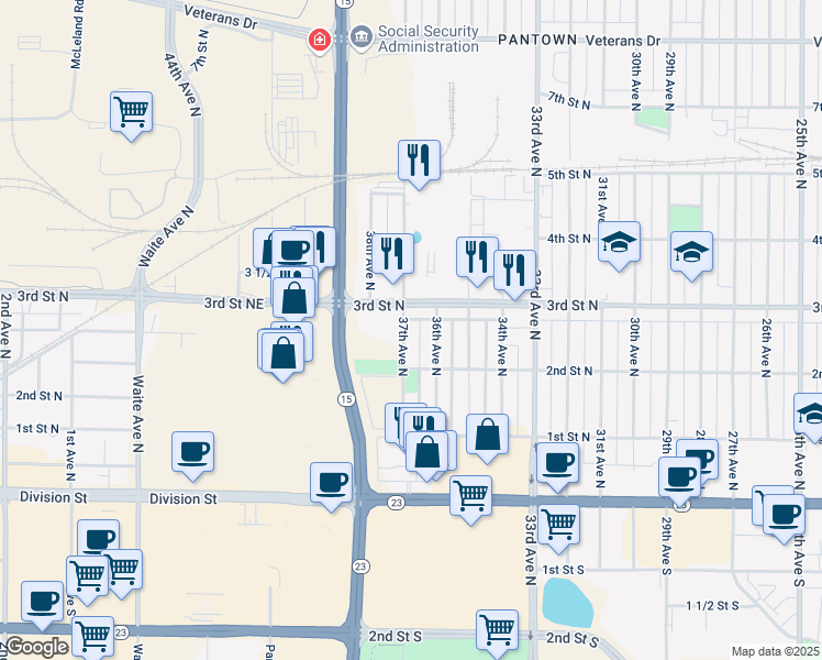 map of restaurants, bars, coffee shops, grocery stores, and more near 232 37th Avenue North in St. Cloud