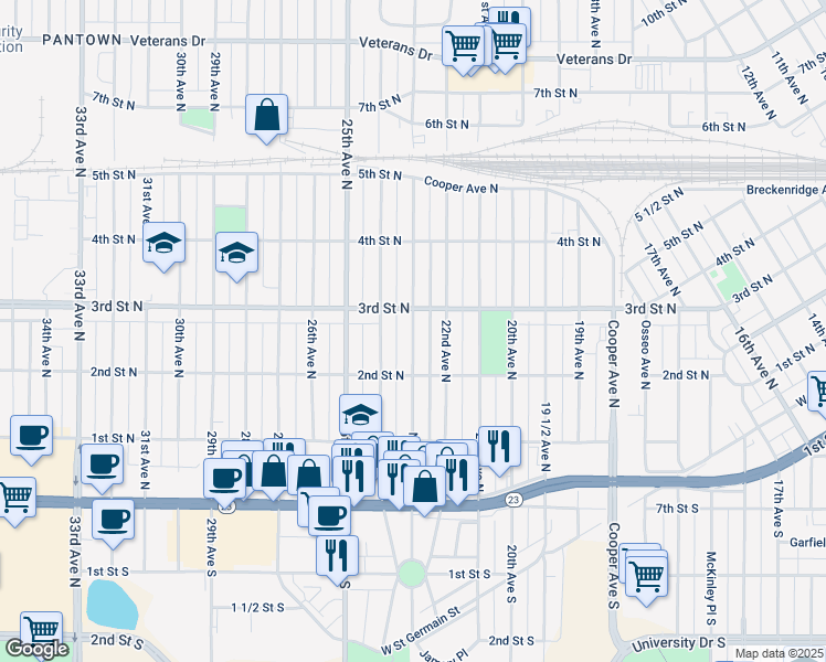 map of restaurants, bars, coffee shops, grocery stores, and more near 237 23rd Avenue North in Saint Cloud