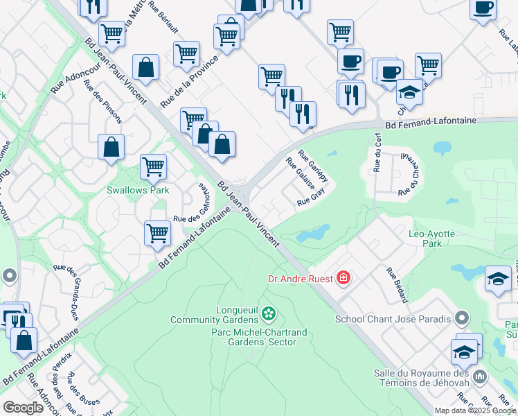 map of restaurants, bars, coffee shops, grocery stores, and more near 947 Boulevard Jean-Paul-Vincent in Longueuil