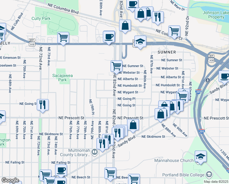 map of restaurants, bars, coffee shops, grocery stores, and more near Northeast 82nd Avenue in Portland