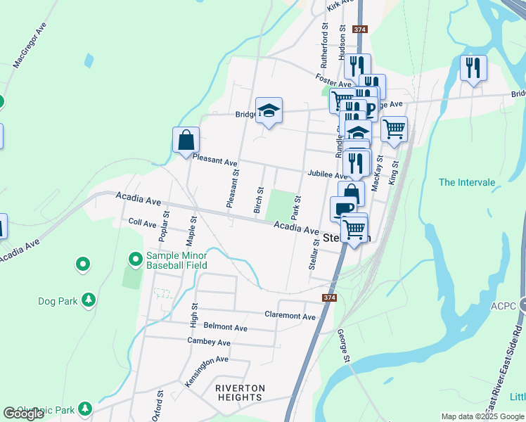 map of restaurants, bars, coffee shops, grocery stores, and more near 109 Birch Street in Stellarton