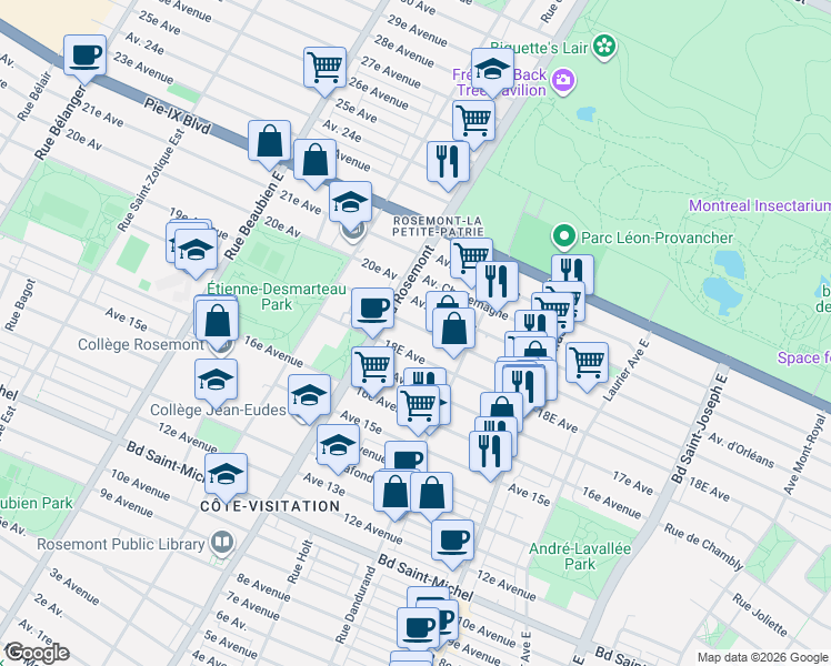 map of restaurants, bars, coffee shops, grocery stores, and more near 5724 Avenue Bourbonnière in Montréal